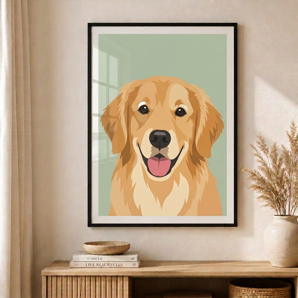 Framed pet portrait of a golden retriever hanging above an oak console table