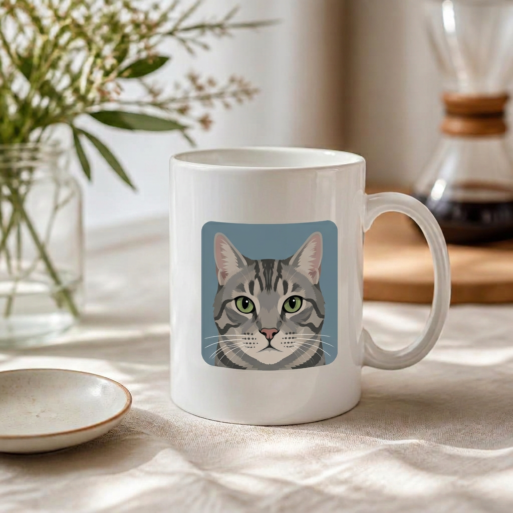 Ceramic mug printed with a flat illustration of a tabby cat on a linen tablecloth
