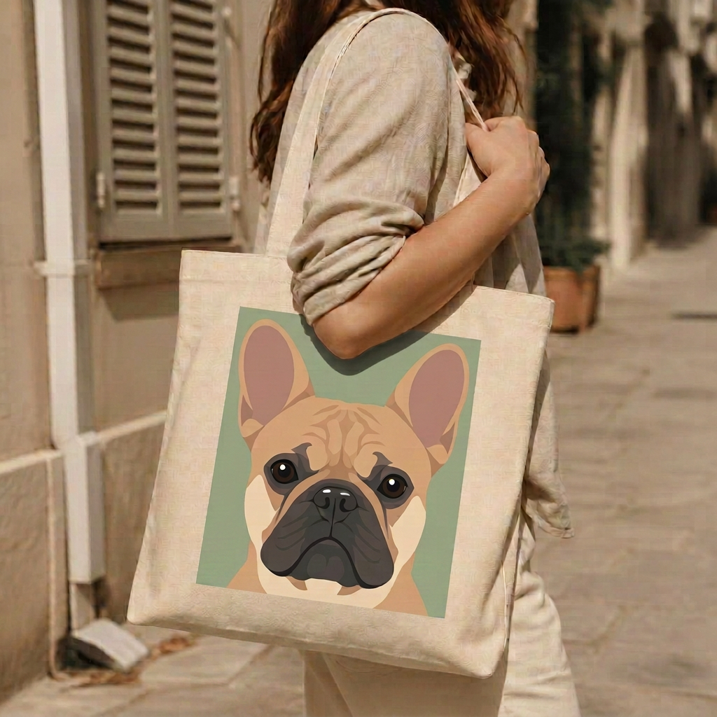 Canvas tote bag printed with a French bulldog portrait carried over a shoulder